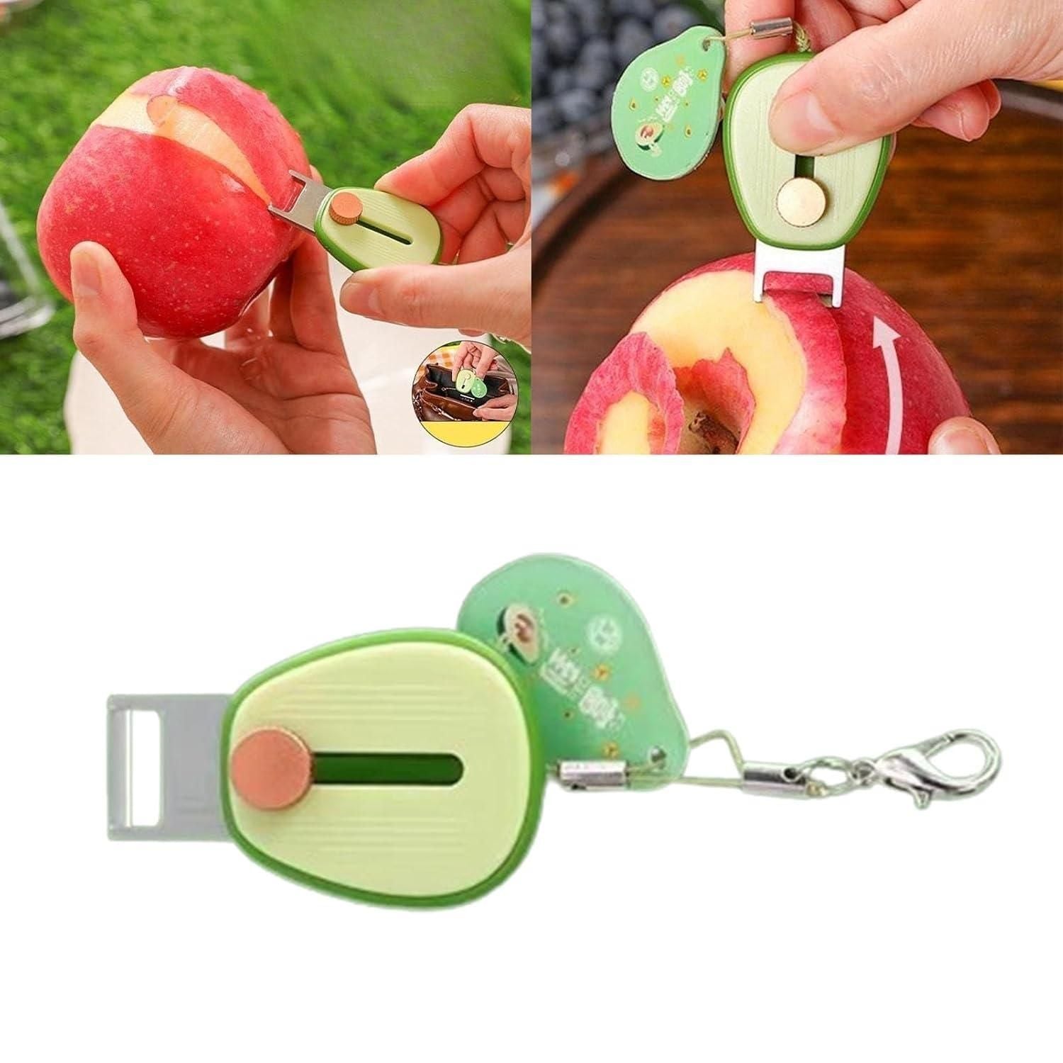 Multifunctional fruit peeler with apple and green apple illustration on a white background