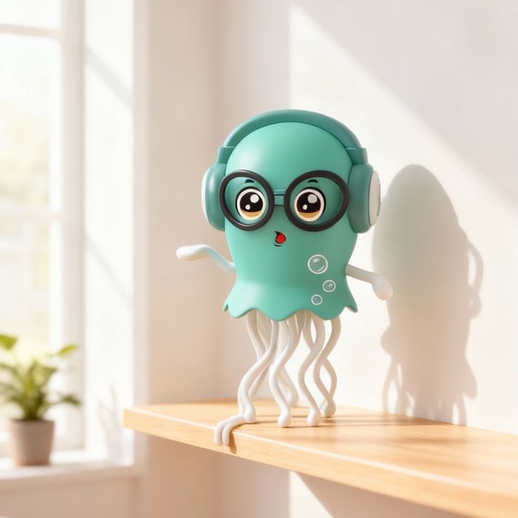 Cartoon octopus with glasses on a wooden surface in a bright room