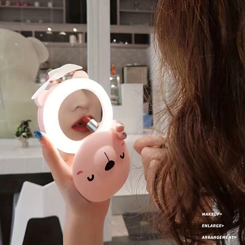 Cute Pig LED Pocket Fan - Mirror & Rechargeable Mini Fan
