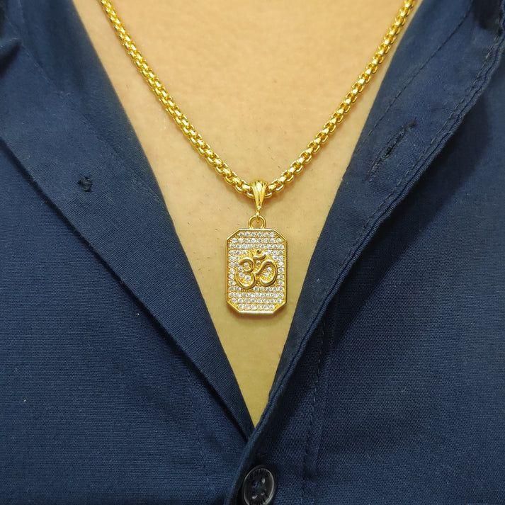 Gold OM Diamond Pendant + Chain – Spiritual Shine for Men (1 Pc)