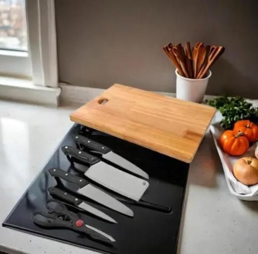 Wooden Chopping Board with 5 Precision Knives – Pro Kitchen Combo (6 Pc Set)