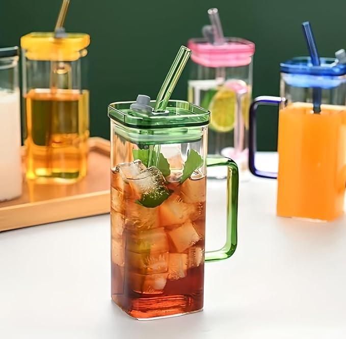 Premium Square Glass with Lid & Straw – Modern Glass Cup for Cold Beverages, Juices & Cocktails (1 Pc)