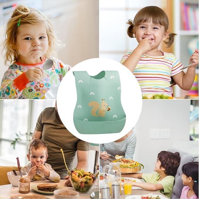 Collage of children eating with a focus on a green bib with a squirrel design.