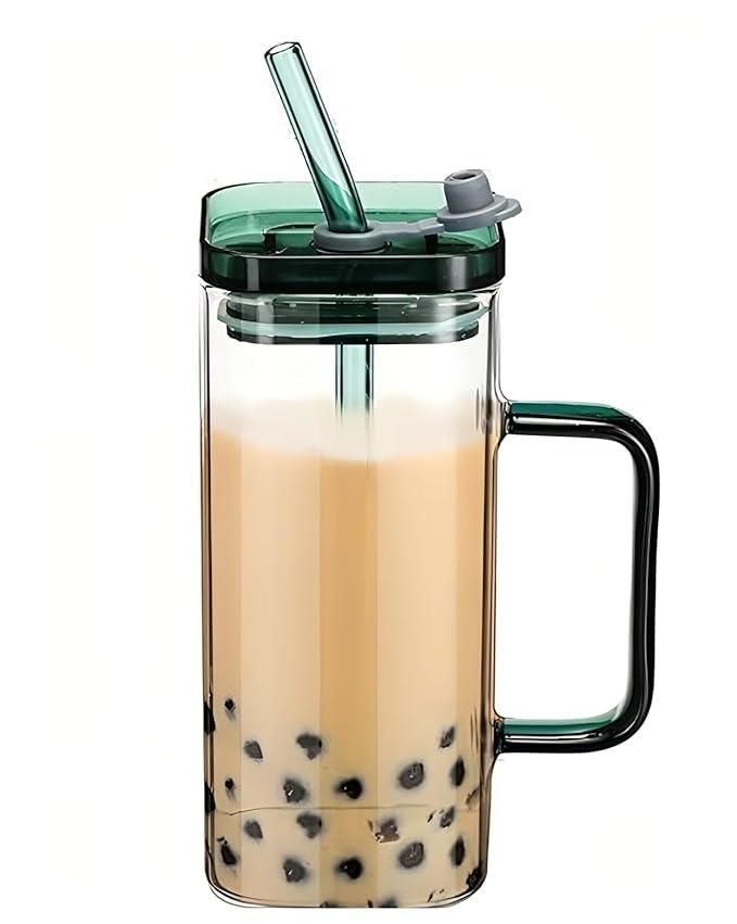Premium Square Glass with Lid & Straw – Modern Glass Cup for Cold Beverages, Juices & Cocktails (1 Pc)