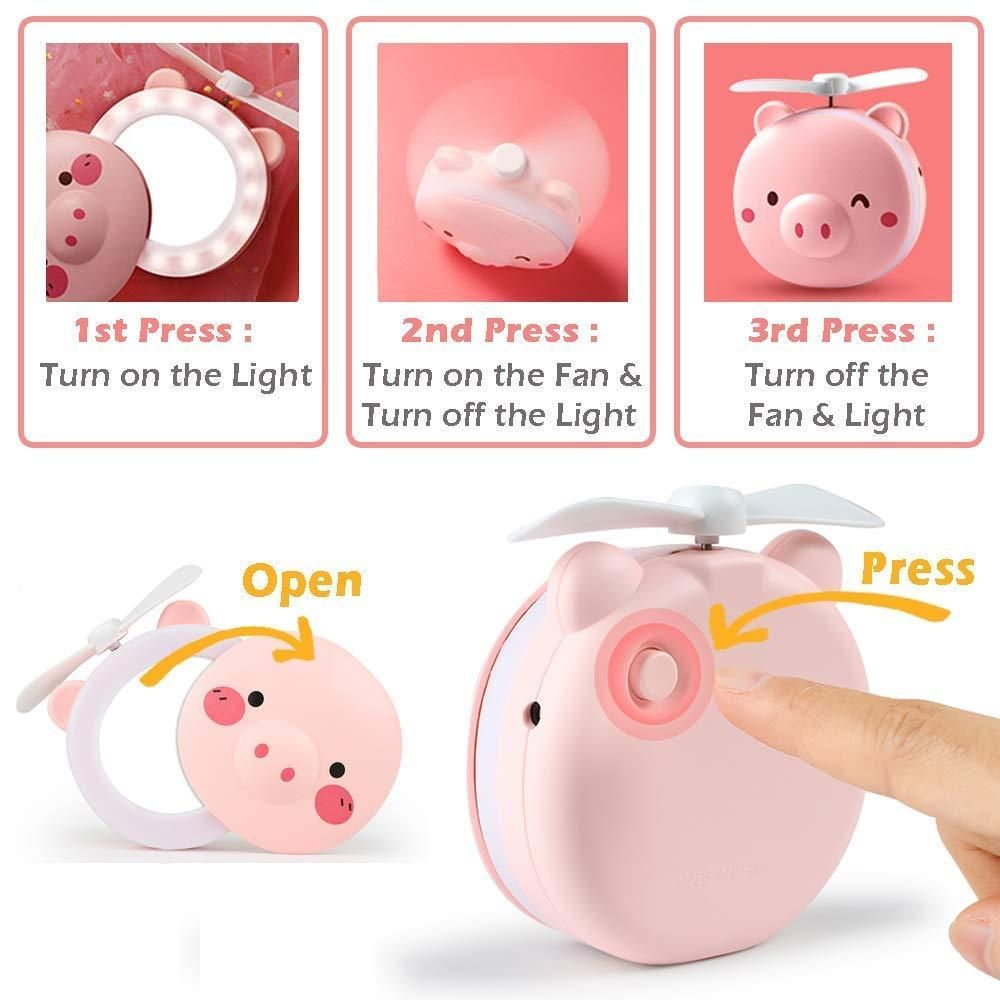 Cute Pig LED Pocket Fan - Mirror & Rechargeable Mini Fan