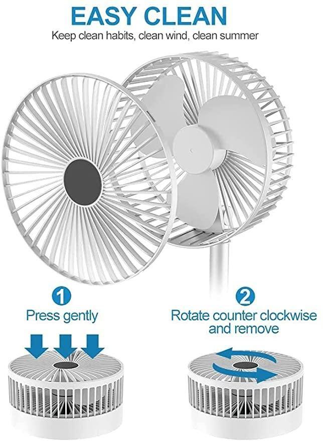 Fan with cleaning instructions on a white background
