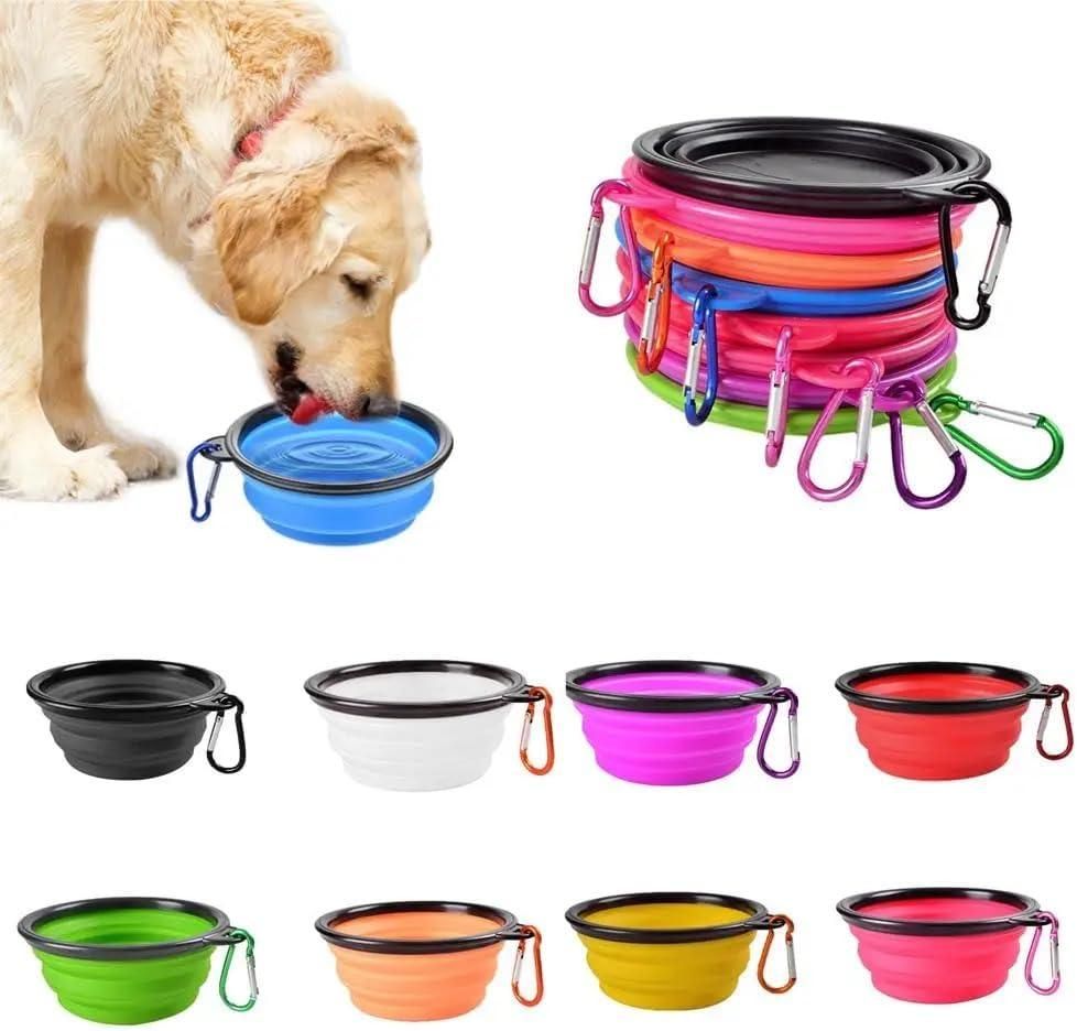 Collapsible dog bowls in various colors with a carrying case on a white background