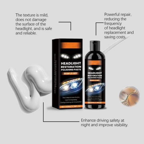 Headlight restoration polishing paste packaging with text on a gray background