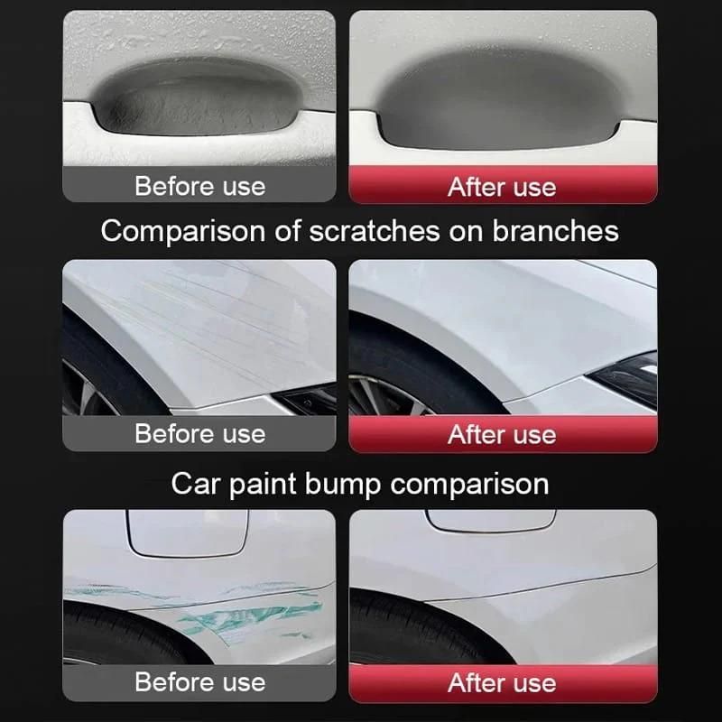 Before and after comparison of scratches on branches and car paint bumps.