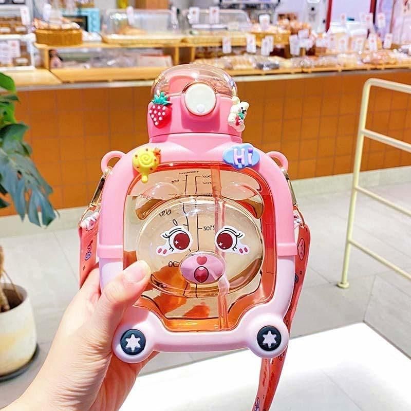 Cute Cartoon Sipper Water Bottle with Straw & Strap – Dual-Drink Magic Cup for Kids (1 Pc)