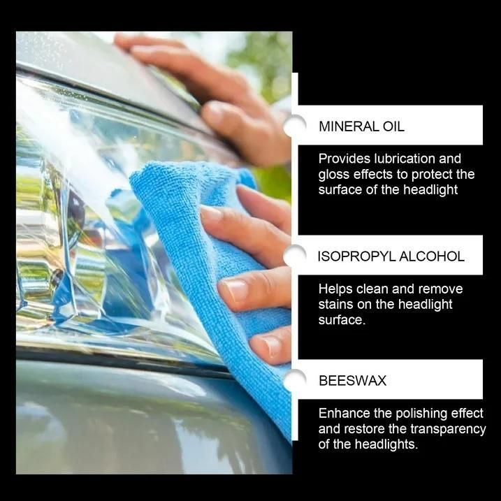 Person cleaning a car headlight with a blue cloth, with text about mineral oil, isopropyl alcohol, and beeswax.