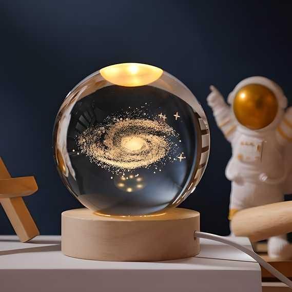3D crystal globe lamp with galaxy design on dimmable wooden base
