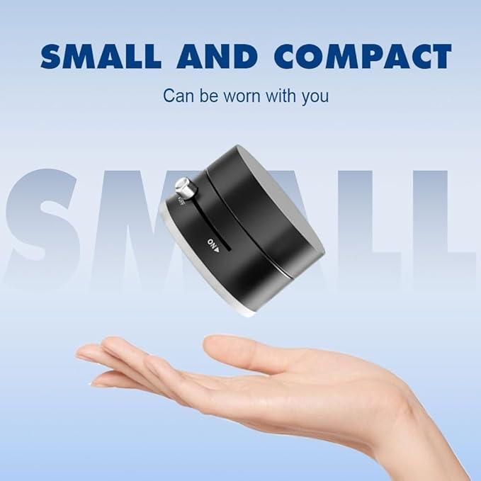 Small and compact device held in a hand with text 'SMALL AND COMPACT' above.