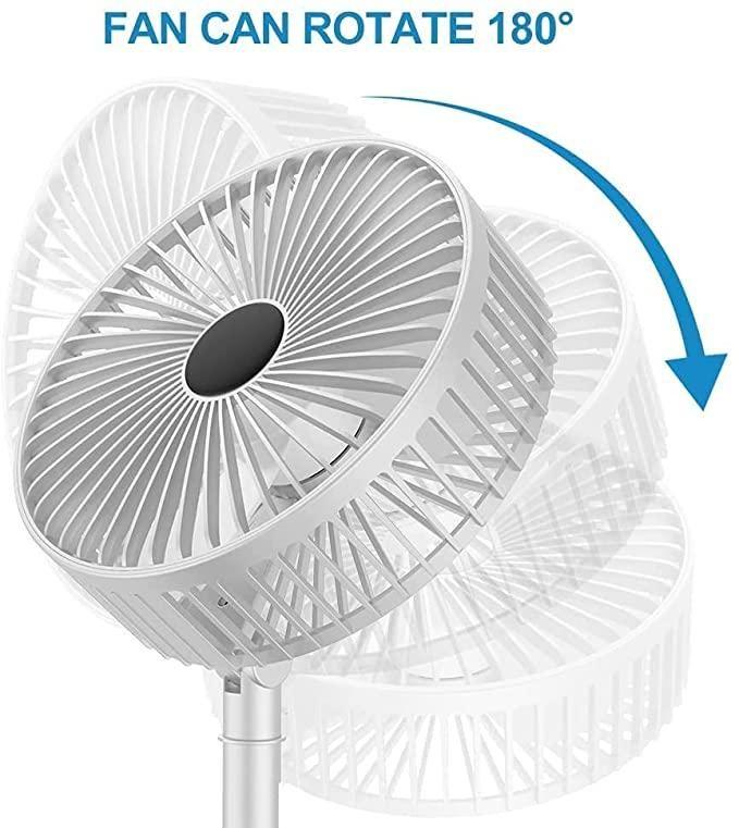 White oscillating fan with text indicating it can rotate 180 degrees on a white background.