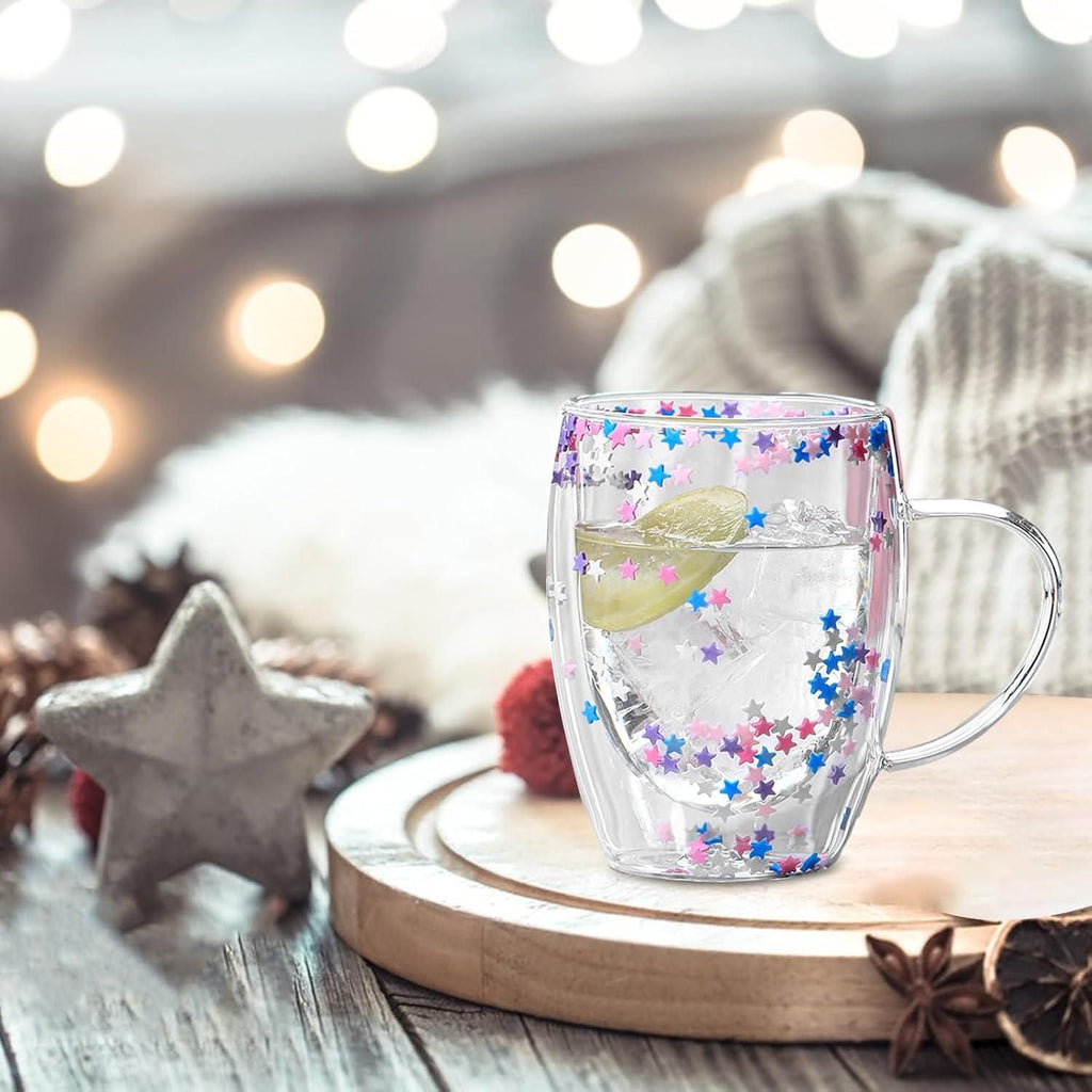 Double Walled Glass Mug 350ml – Insulated Star Coffee Cup with Handle for Hot & Cold Beverages, Aesthetic Floral Tea Mug