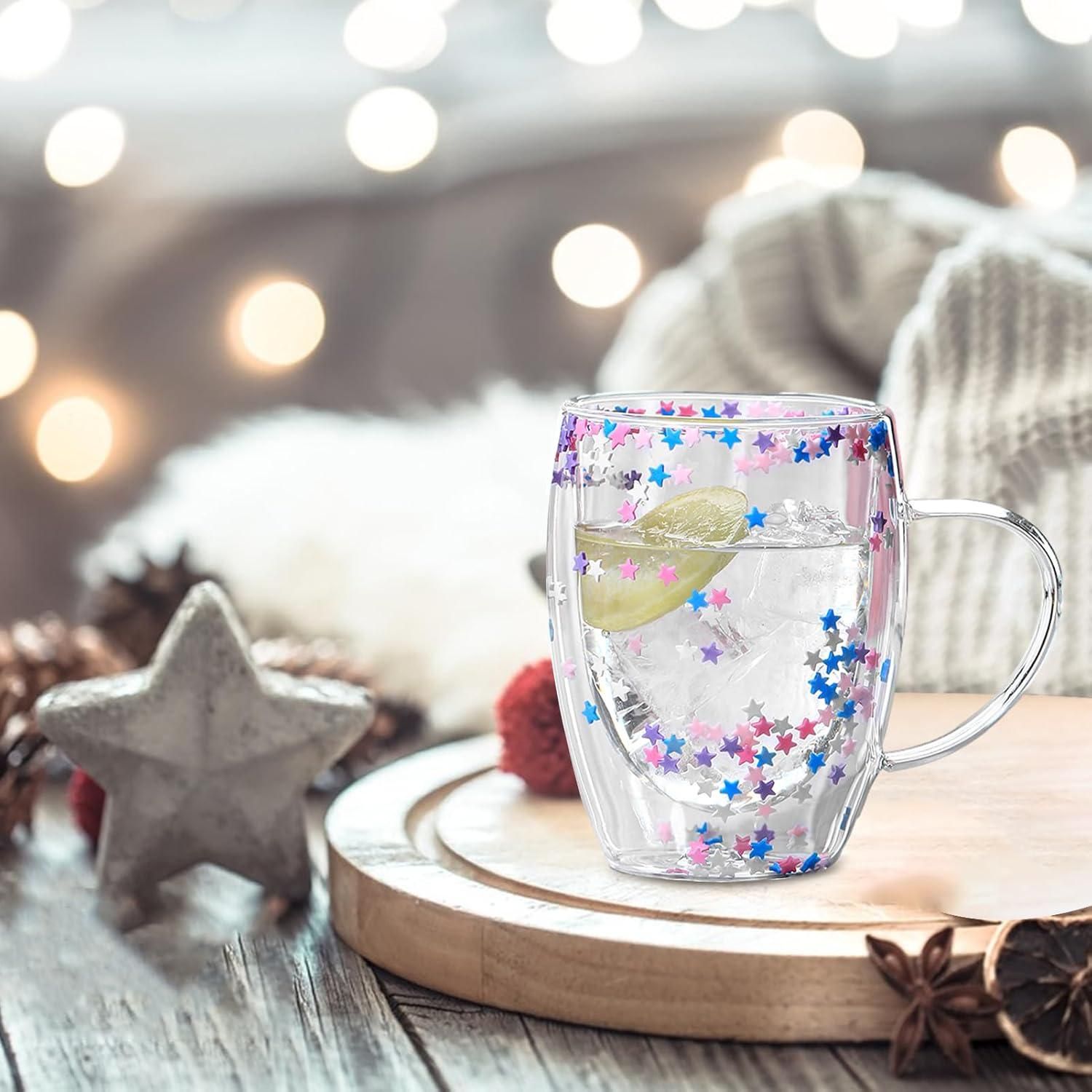 Double Walled Glass Mug 350ml – Insulated Star Coffee Cup with Handle for Hot & Cold Beverages, Aesthetic Floral Tea Mug