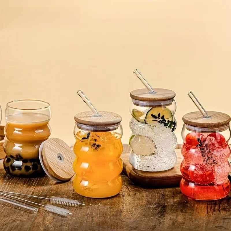 Wavy Glass Tumbler with Wood Lid – Sunset Sip Edition (1 Pc)