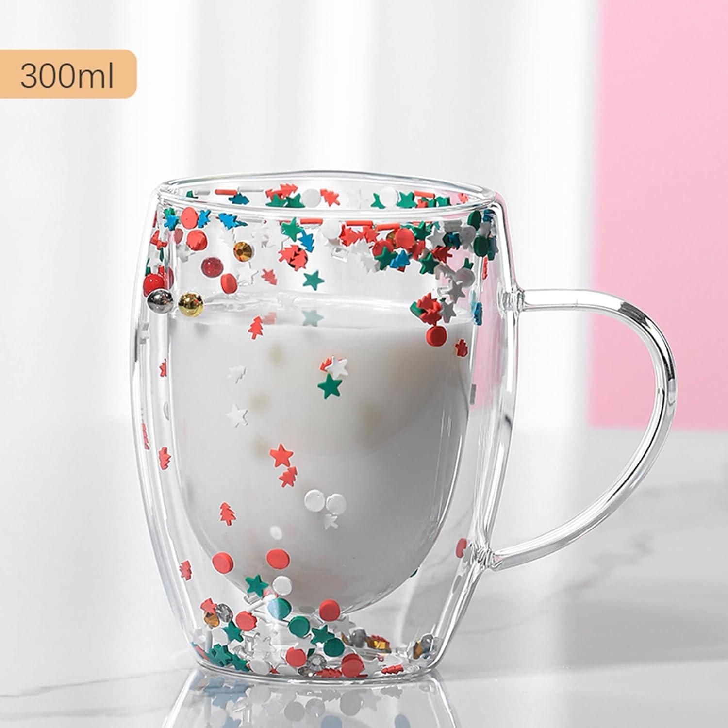 Double Walled Glass Mug 350ml – Insulated Star Coffee Cup with Handle for Hot & Cold Beverages, Aesthetic Floral Tea Mug