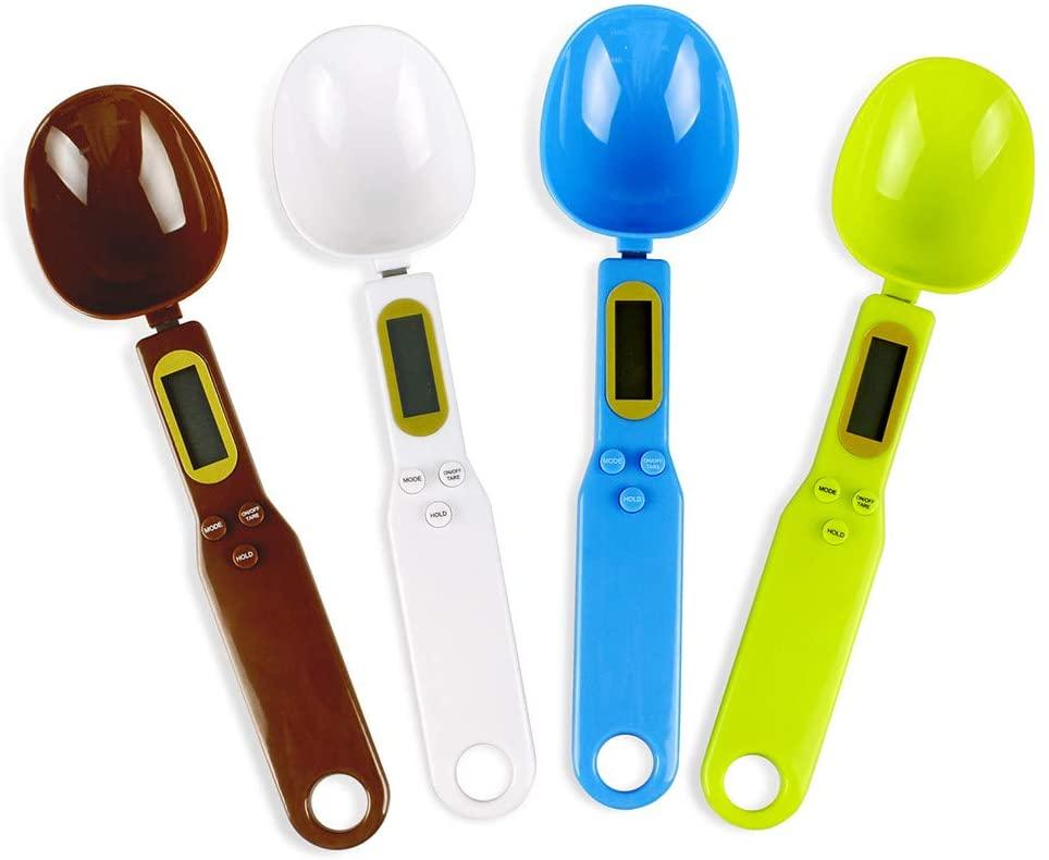 Four colorful digital measuring spoons on a white background