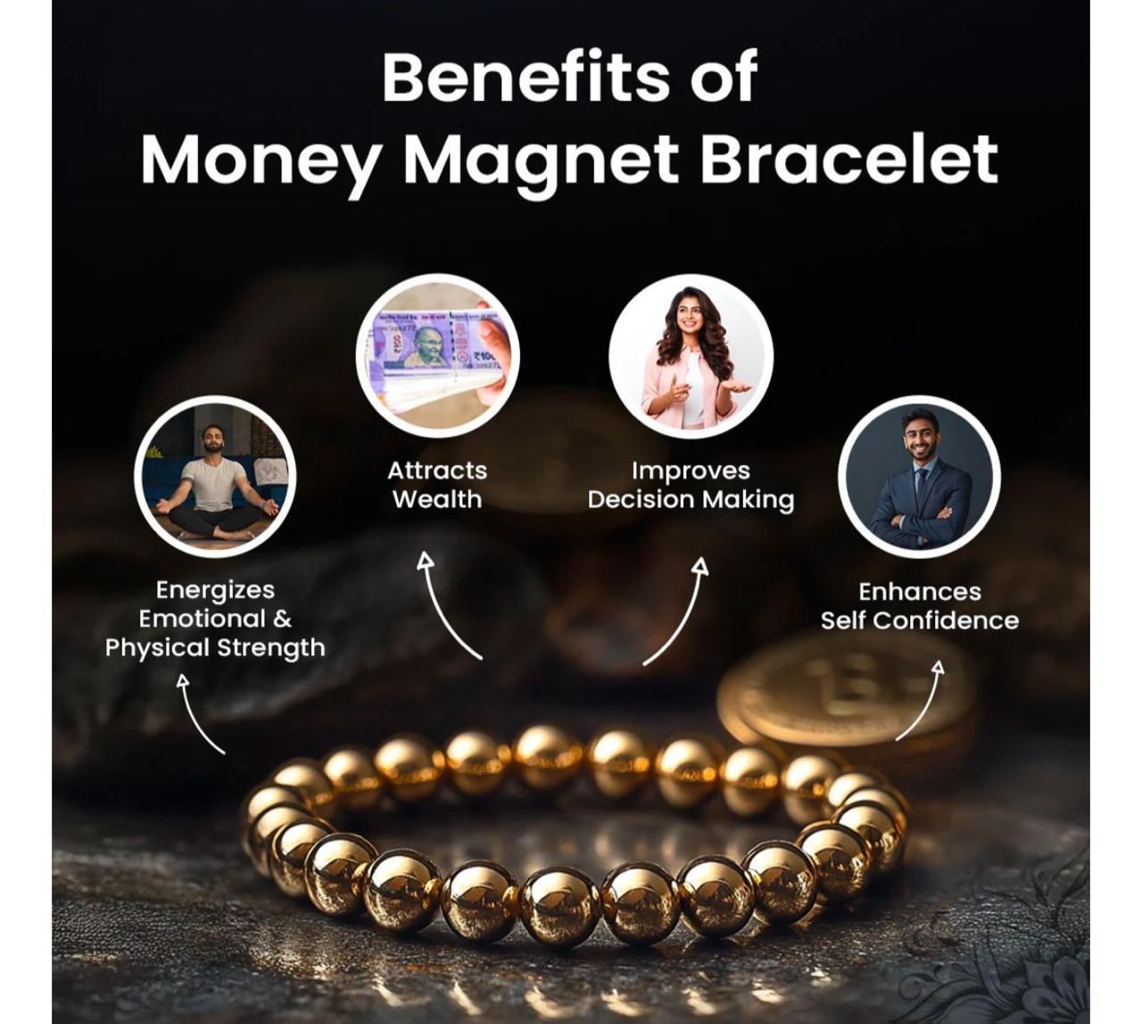 Gold bracelet with benefits listed on a dark background