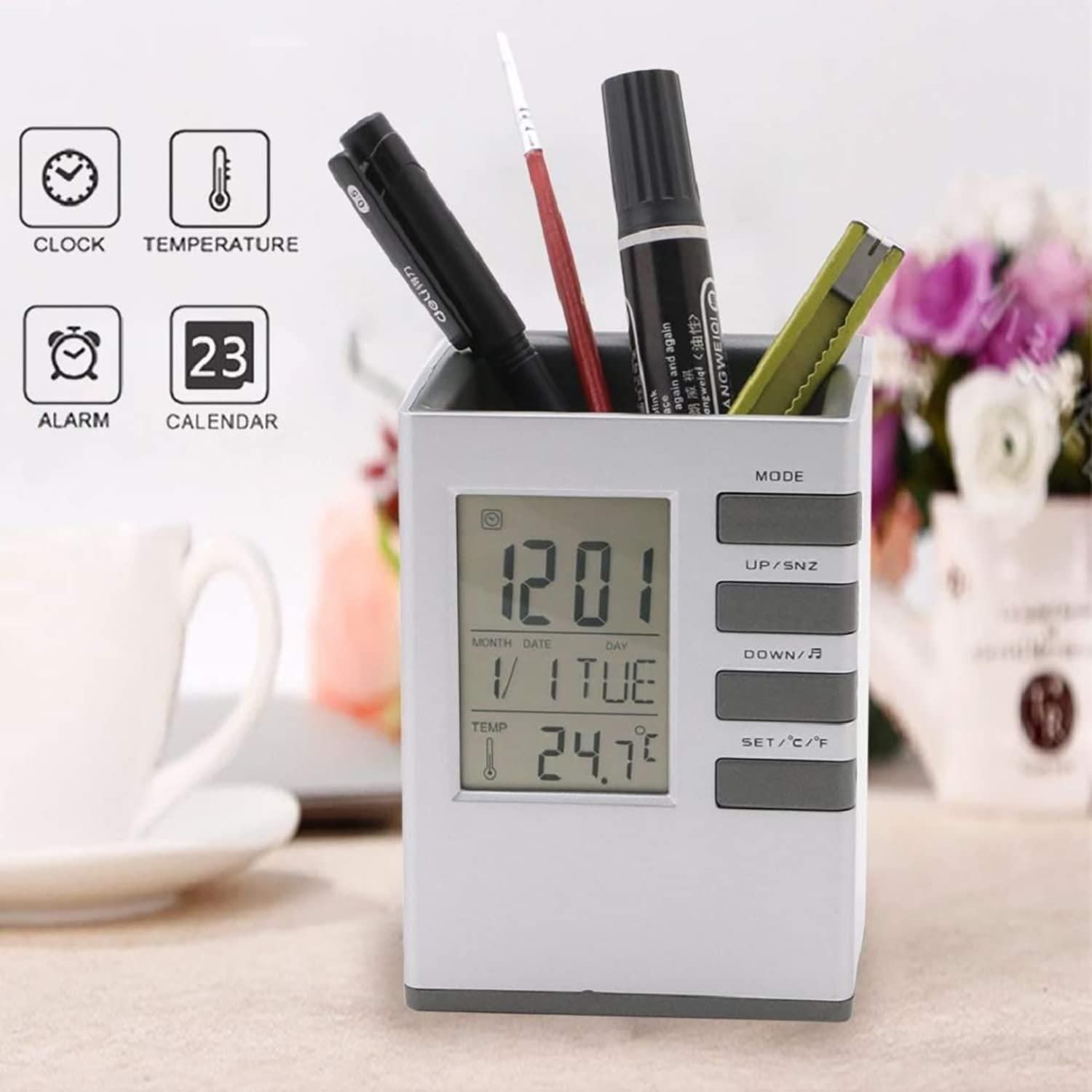 Pen Holder with LCD Display - Digital Alarm Clock Organizer