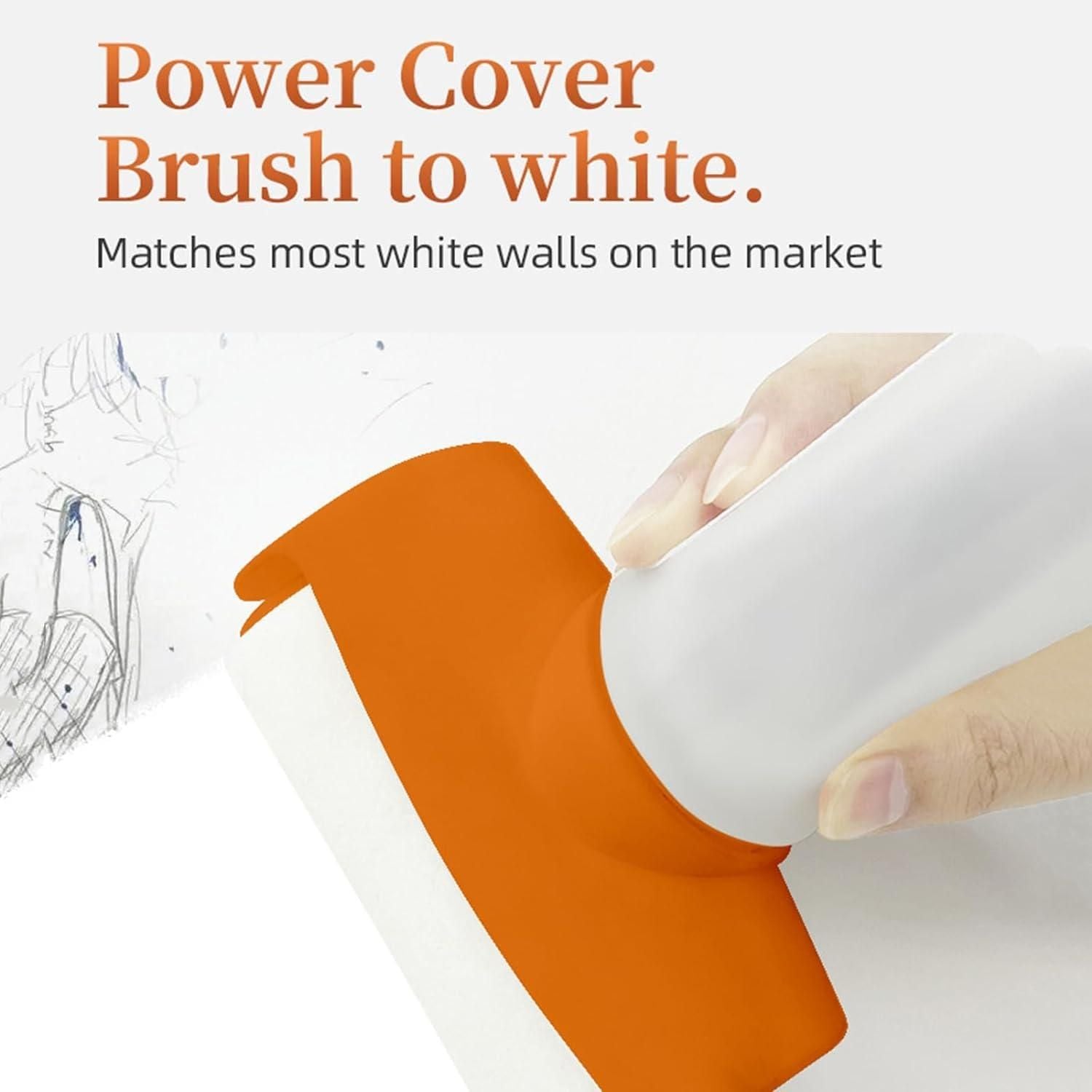 Hand holding a white power cover brush with an orange sanding block, against a white background.