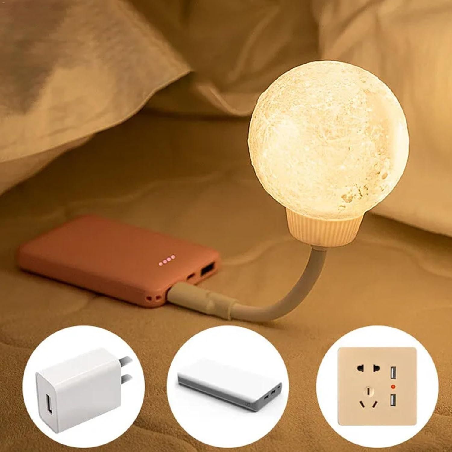 Small lamp with USB cable on a brown surface, with insets showing power adapter, device, and wall socket.