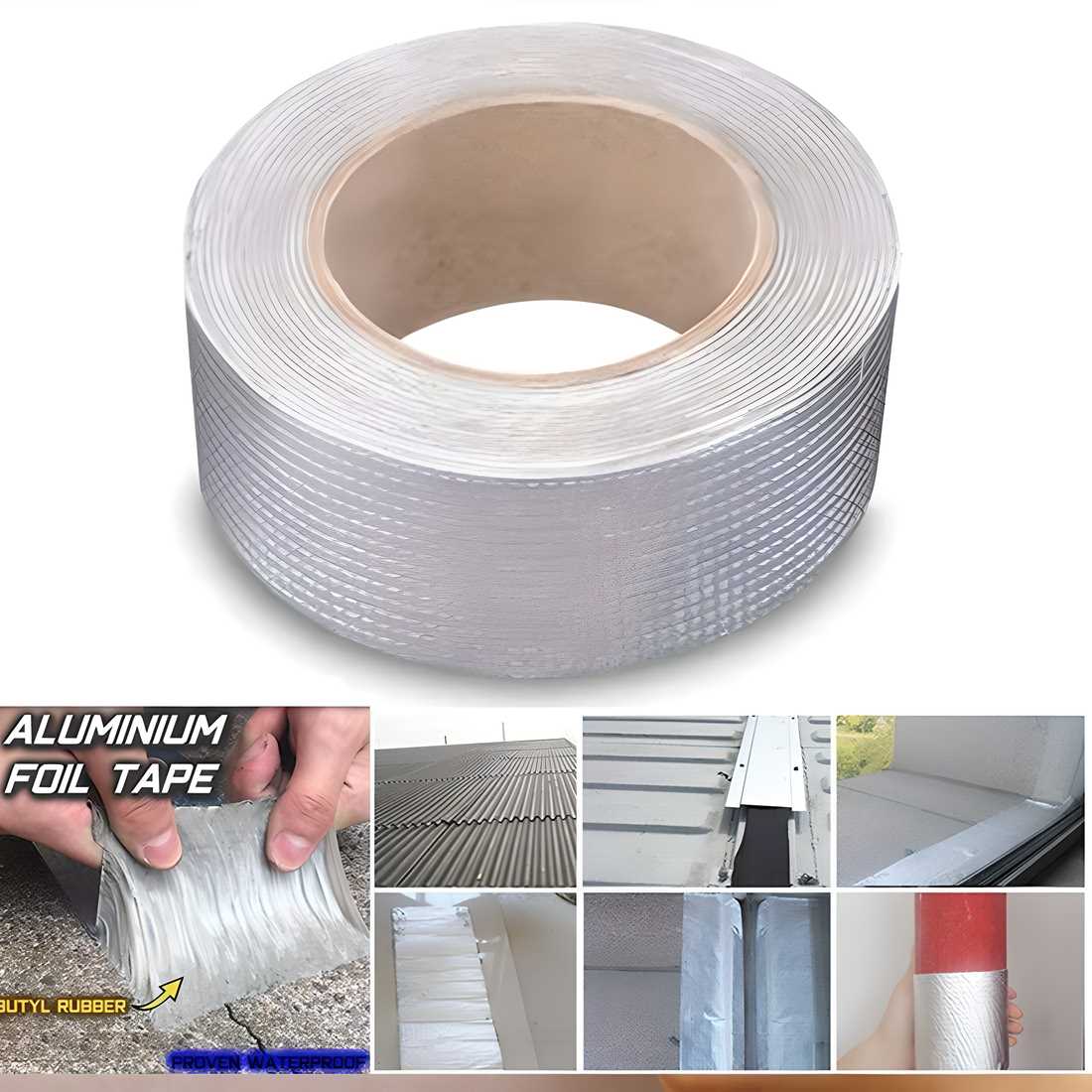 Roll of aluminium foil tape with applications shown below