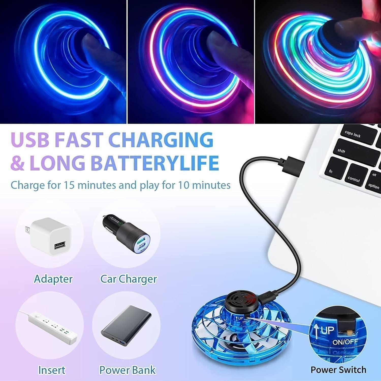 Fidget spinner with USB cable, adapter, car charger, power bank, and power switch on a blue background.