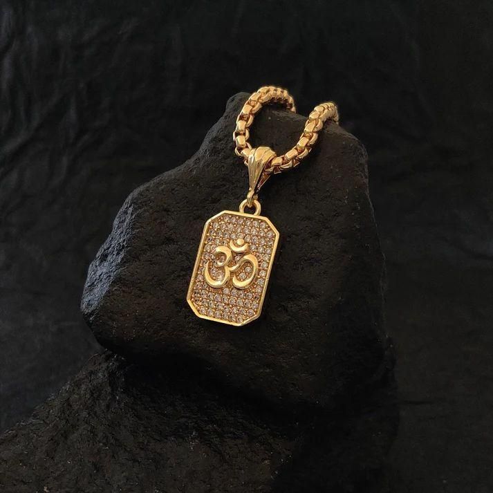 Gold OM Diamond Pendant + Chain – Spiritual Shine for Men (1 Pc)