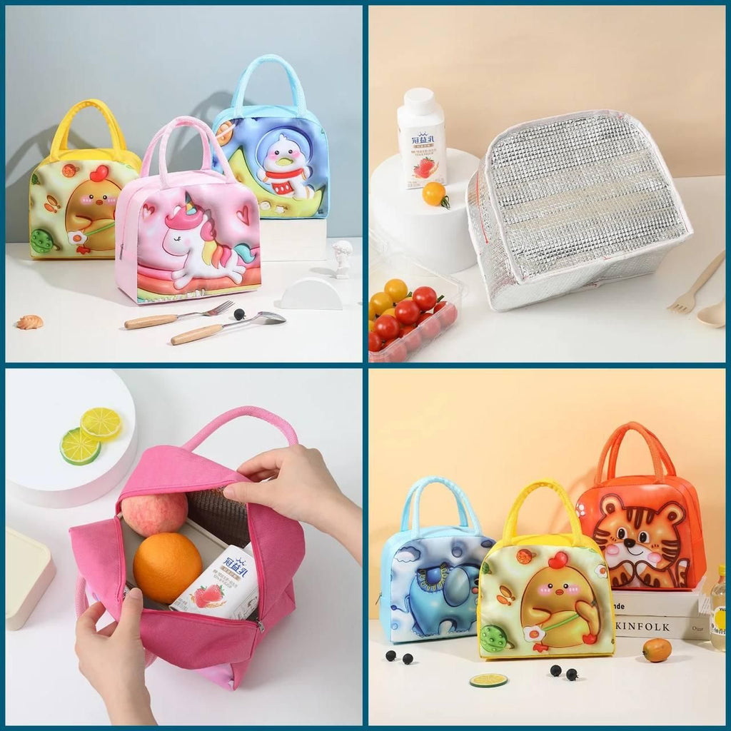 Collage of various small bags with cartoon designs on a white background
