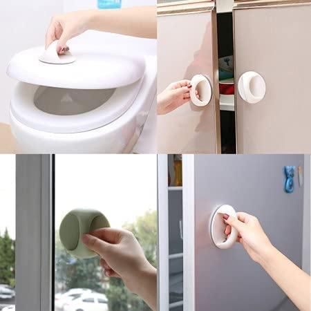 Collage of a white plastic lock being used on various household items.
