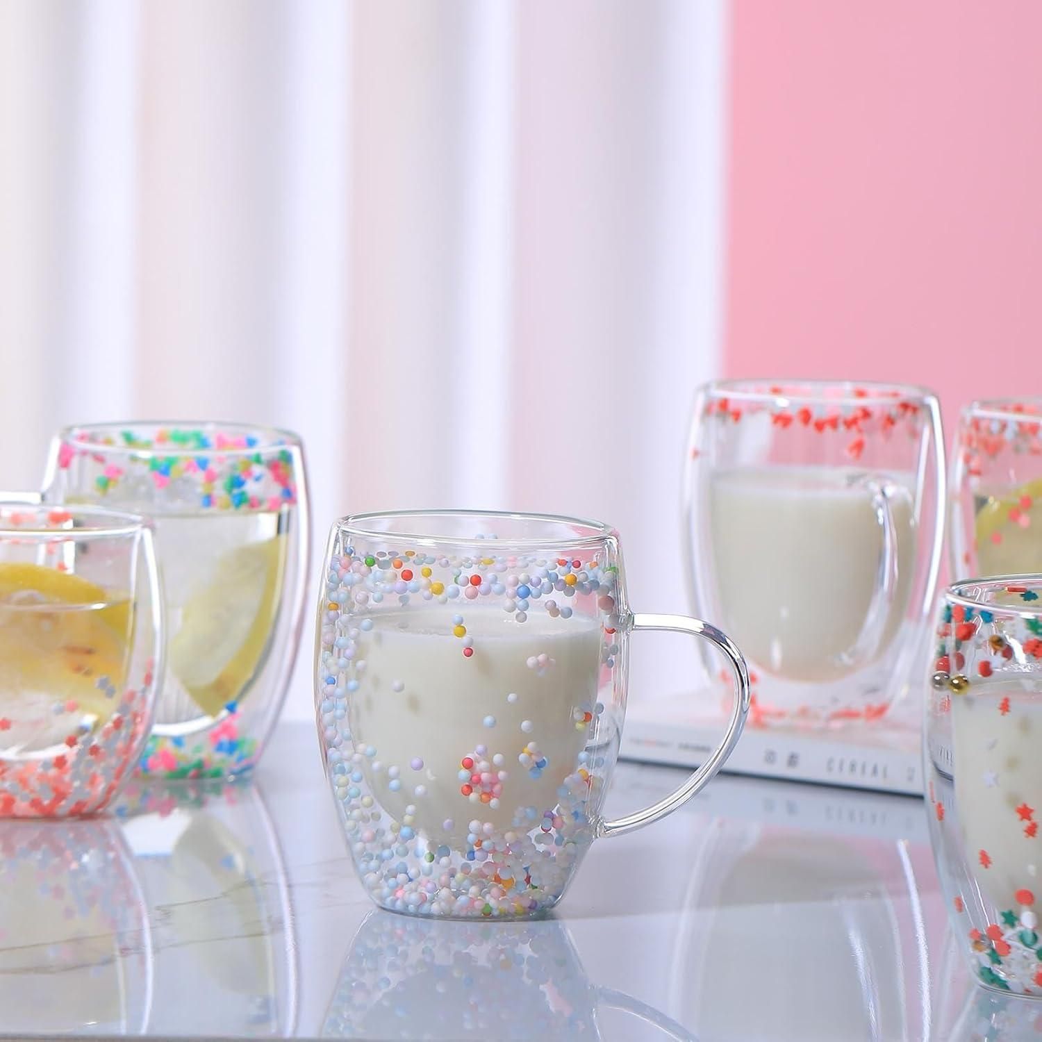 Double Walled Glass Mug 350ml – Insulated Star Coffee Cup with Handle for Hot & Cold Beverages, Aesthetic Floral Tea Mug