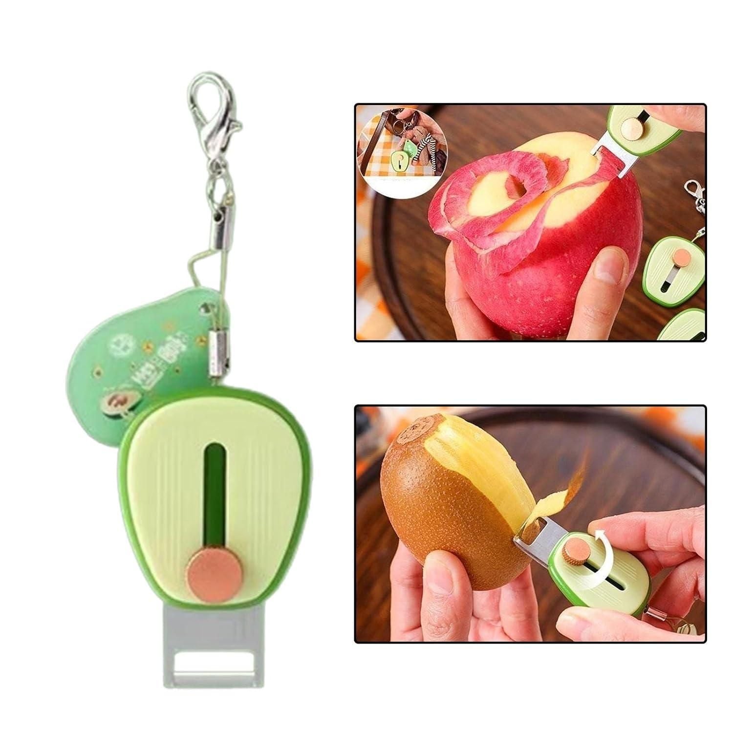 Multifunctional fruit peeler with keychain attachment on a white background