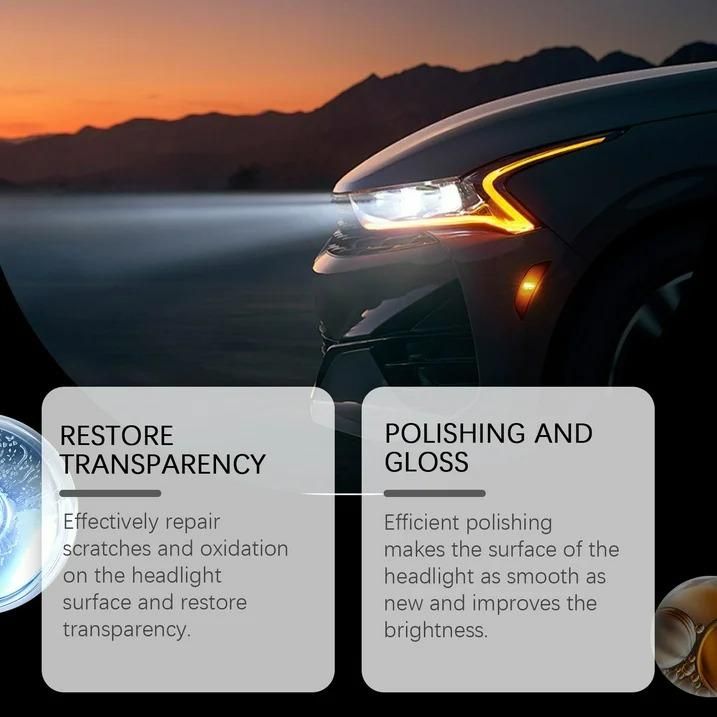 Car headlight with text on restoration and polishing, mountainous landscape in the background