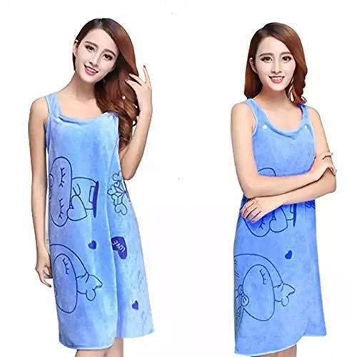 Two images of a woman wearing a blue nightgown with cartoon designs on a white background.