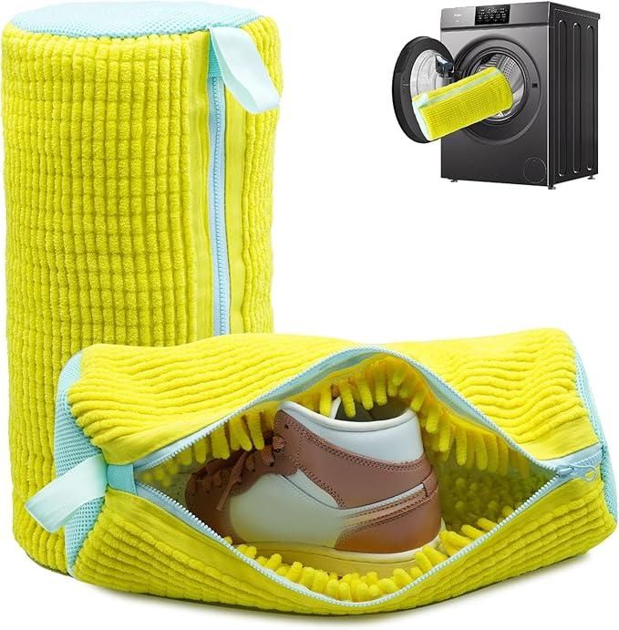 Yellow shoe organizer with a shoe inside, and a washing machine with a yellow towel.