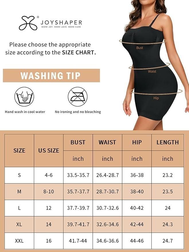 Joyshaper size chart with a model wearing a black shapewear garment.