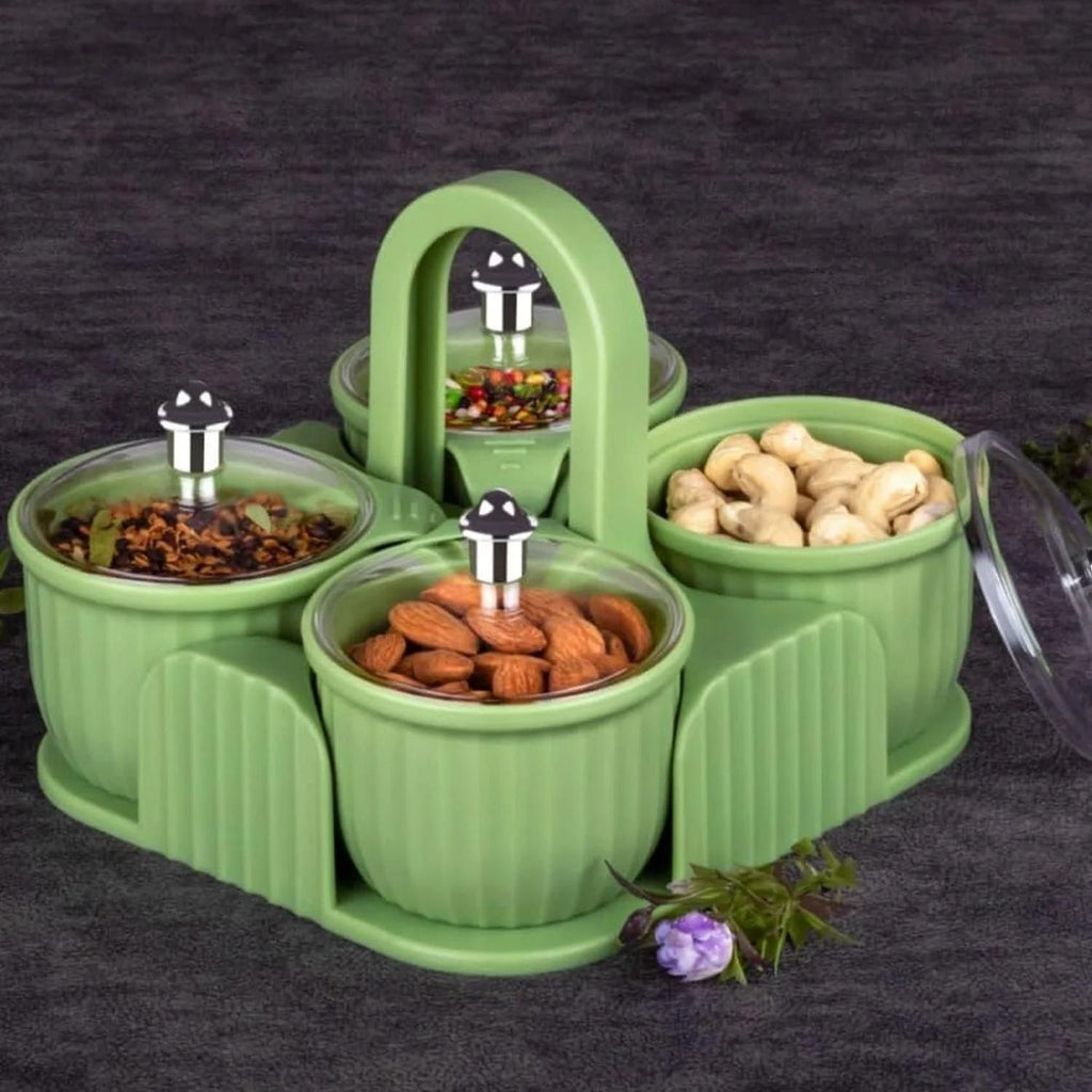 Multipurpose 4-Piece Storage Jar Set with Tray – Plastic Snack & Spice Containers for Kitchen & Dining (1 Set)