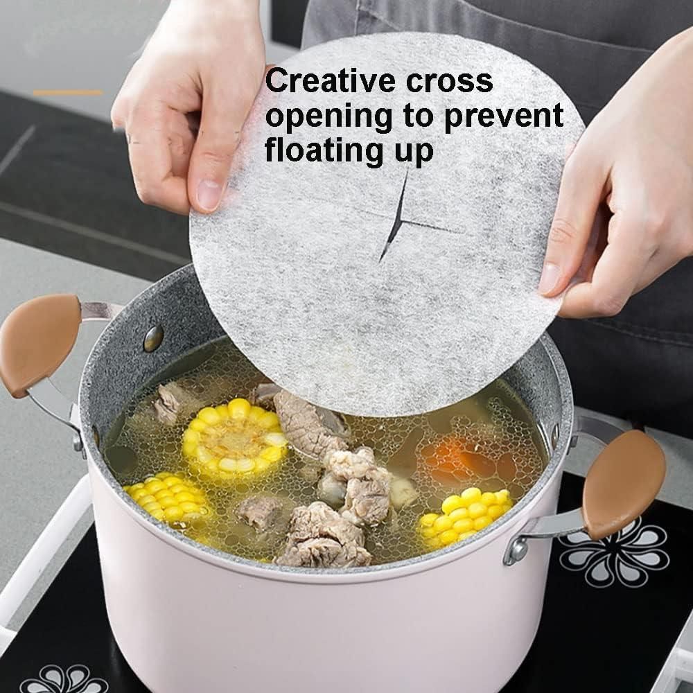 Person holding a transparent lid over a pot of soup with text 'Creative cross opening to prevent floating up'.