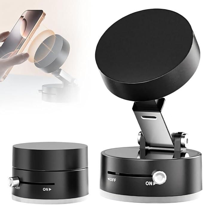 Black adjustable phone stand with smartphone on a white background