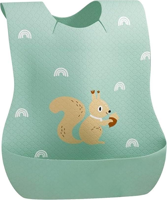 Mint green bib with a squirrel design on a white background