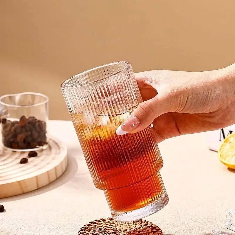 Ribbed Glass Tumbler with Wooden Lid – Iced Coffee & Cocktail Cup (1 Pc)