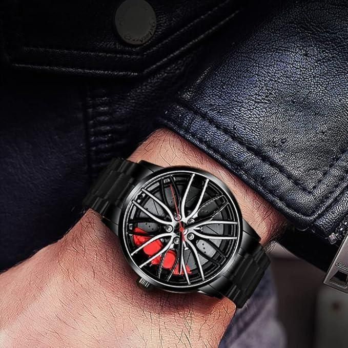 Close-up of a wrist wearing a black watch with a unique design, against a dark background.