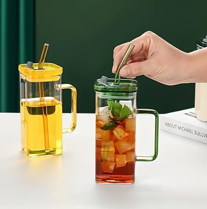 Premium Square Glass with Lid & Straw – Modern Glass Cup for Cold Beverages, Juices & Cocktails (1 Pc)