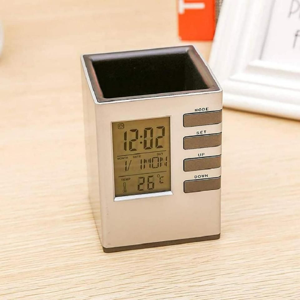 Pen Holder with LCD Display - Digital Alarm Clock Organizer