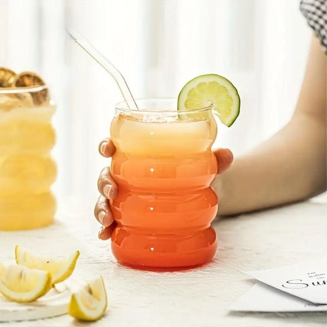 Wavy Glass Tumbler with Wood Lid – Sunset Sip Edition (1 Pc)