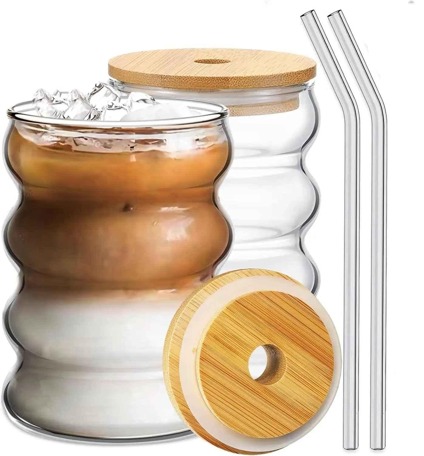 Wavy Glass Tumbler with Wood Lid – Sunset Sip Edition (1 Pc)