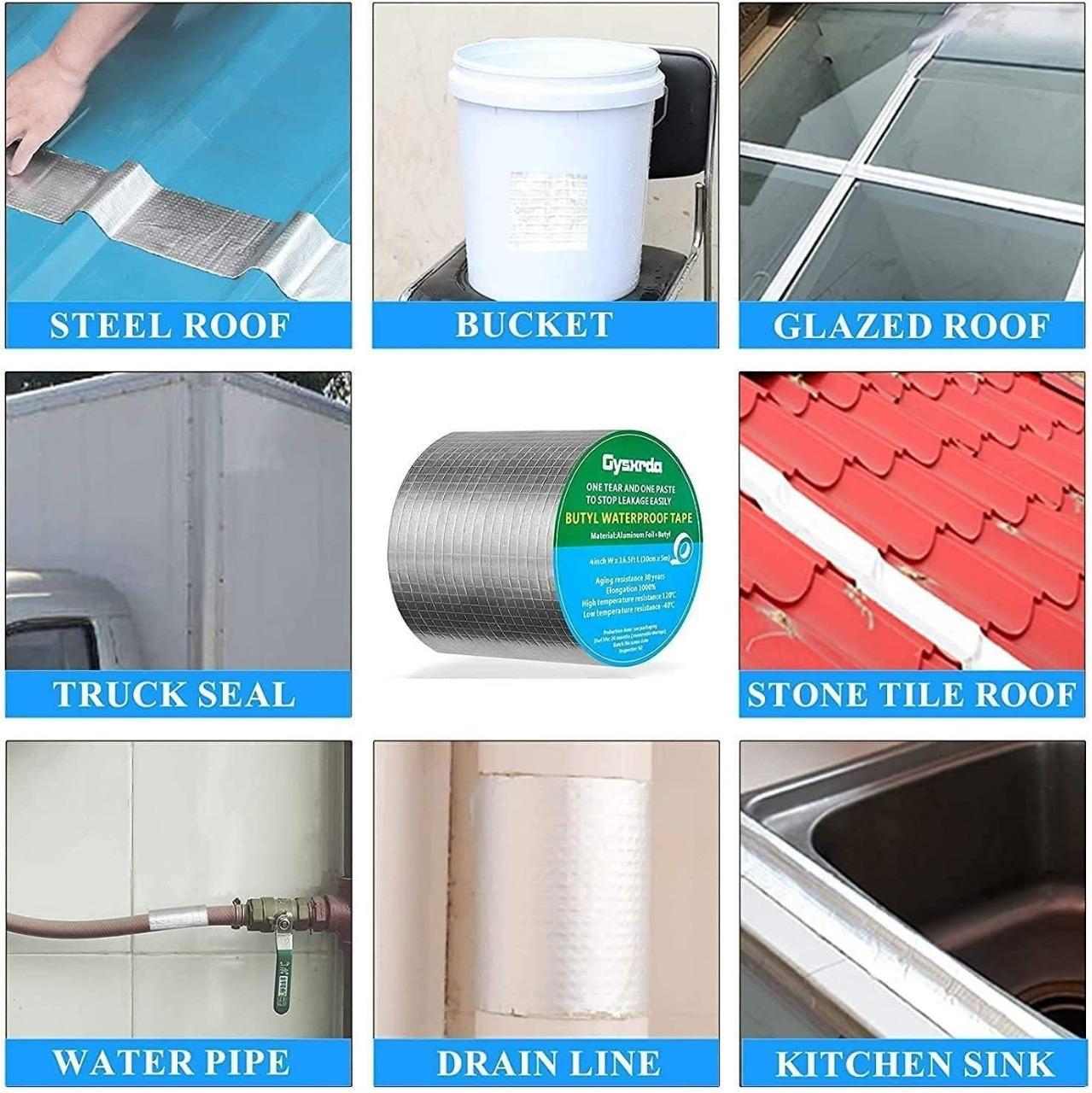 Collage of various applications of a roll of Daprol waterproof tape on different surfaces.