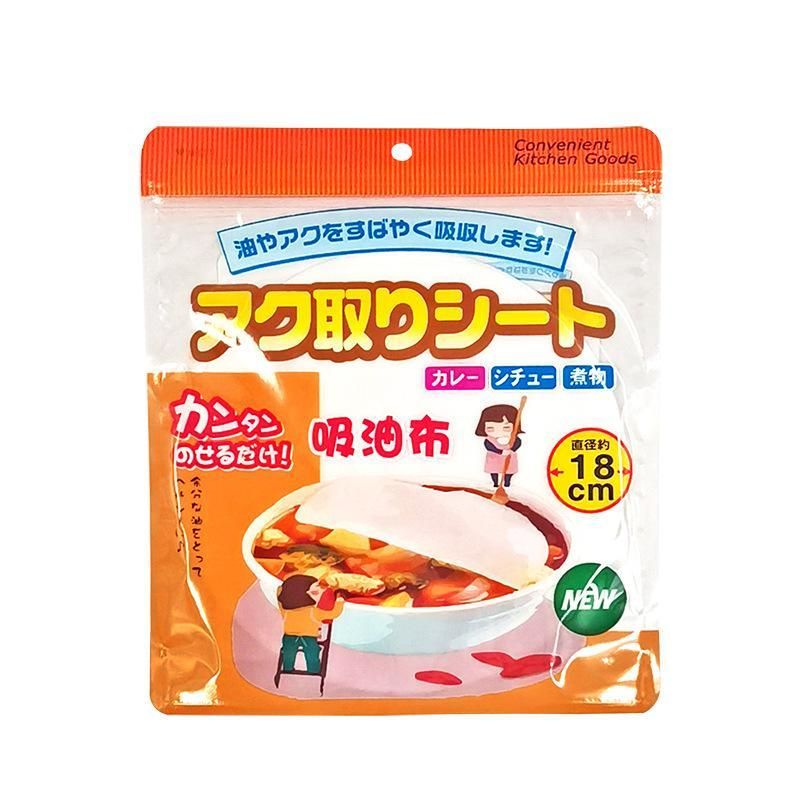 Packaging of a Japanese food absorbent sheet with text and images on a white background